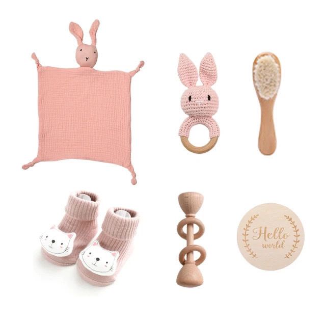Baby milestone gift box with bunny comforter, crochet ring toy, socks and brush – Pink