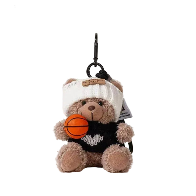 Plush Bear Bag Charm, Teddy in Knitted Hat Holding a Basketball, 17 cm, Four Colours, close-up detail