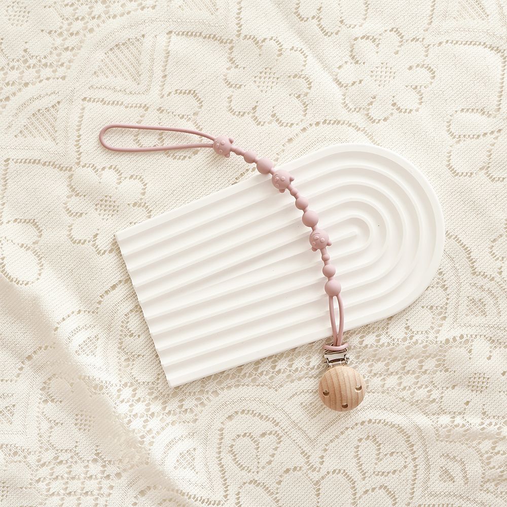 Silicone Dummy Clip – Beaded Soother Holder with Beech Wood Clip & Bear-Face Beads | 22 cm | 7 Colours