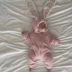 Fluffy hooded bunny baby romper with long heart-patterned ears and front zip – view 8 of 9