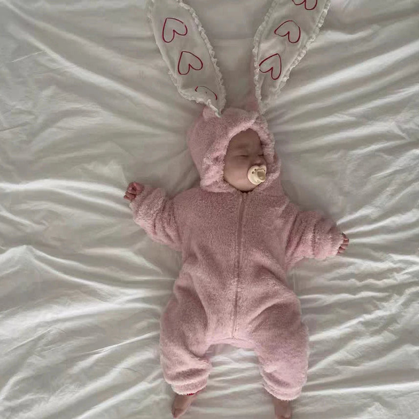 Fluffy hooded bunny baby romper with long heart-patterned ears and front zip – view 8 of 9