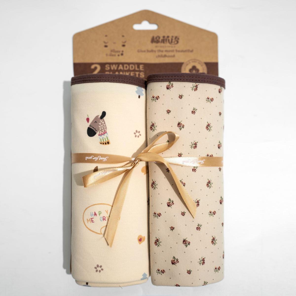 Two square printed baby wrap blankets with bound edges – Rocking Horse + Floral Rose