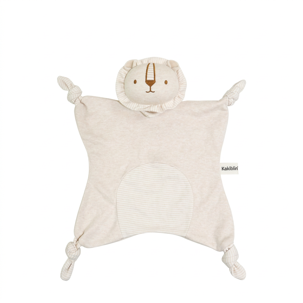 Cream fabric baby comforter with animal head, stitched face and knotted corners – Lion