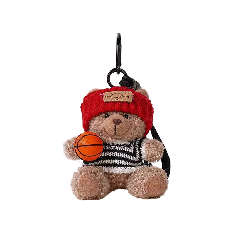 Plush Bear Bag Charm, Teddy in Knitted Hat Holding a Basketball, 17 cm, Four Colours, shown with the full range