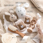 Baby milestone gift box with bunny comforter, crochet ring toy, socks and brush – view 4 of 15