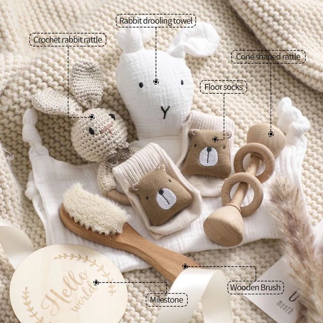Baby milestone gift box with bunny comforter, crochet ring toy, socks and brush – view 4 of 15