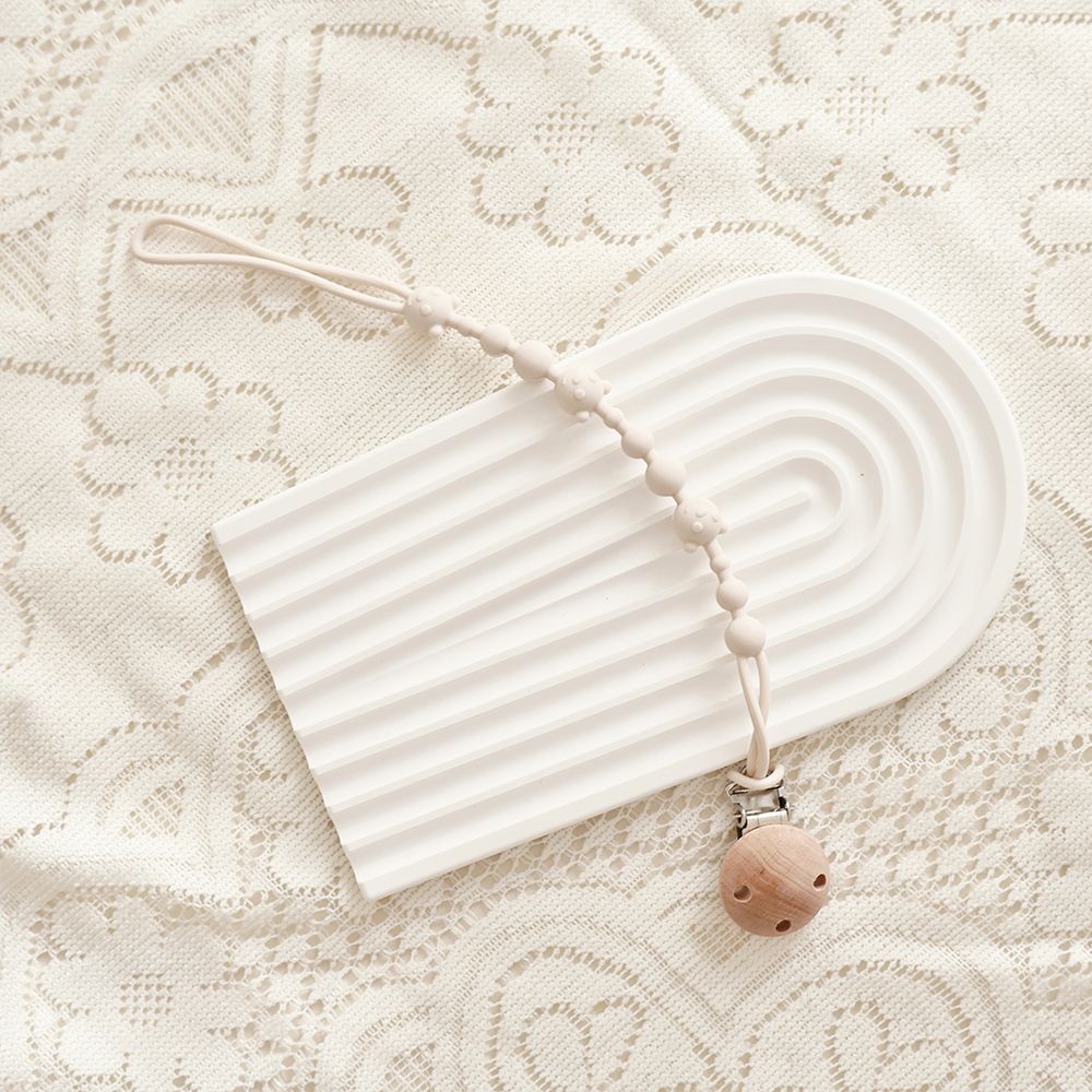 Silicone Dummy Clip, Beaded Soother Holder with Beech Wood Clip & Bear, Face Beads, 22 cm, 7 Colours, shown with the full ra