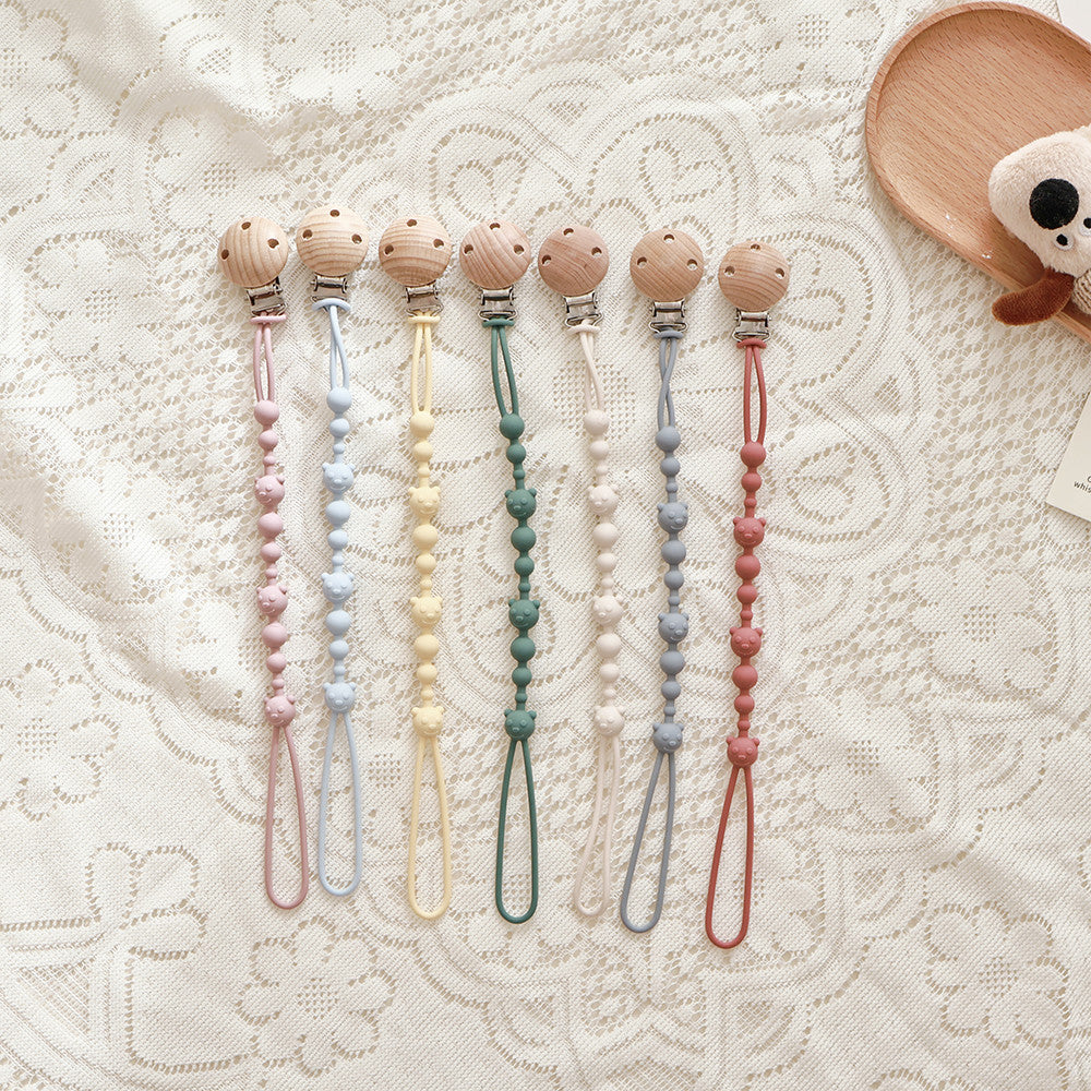 Silicone Dummy Clip – Beaded Soother Holder with Beech Wood Clip & Bear-Face Beads | 22 cm | 7 Colours