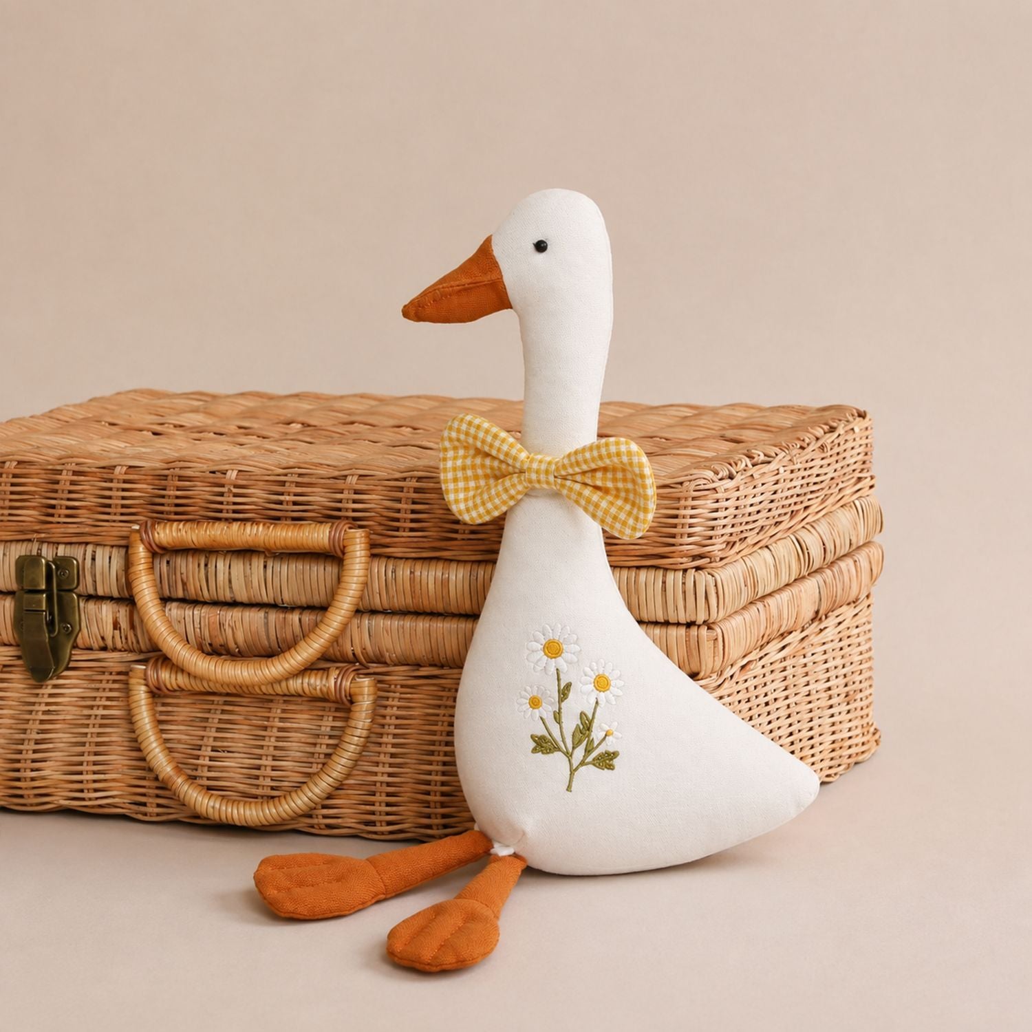 Polyester Goose Soft Toy - Embroidered Daisies and Gingham Bow, 32cm, 0 to 3 Years