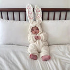 Fluffy hooded bunny baby romper with long heart-patterned ears and front zip – view 7 of 9