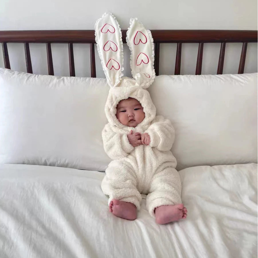 Fluffy hooded bunny baby romper with long heart-patterned ears and front zip – view 7 of 9