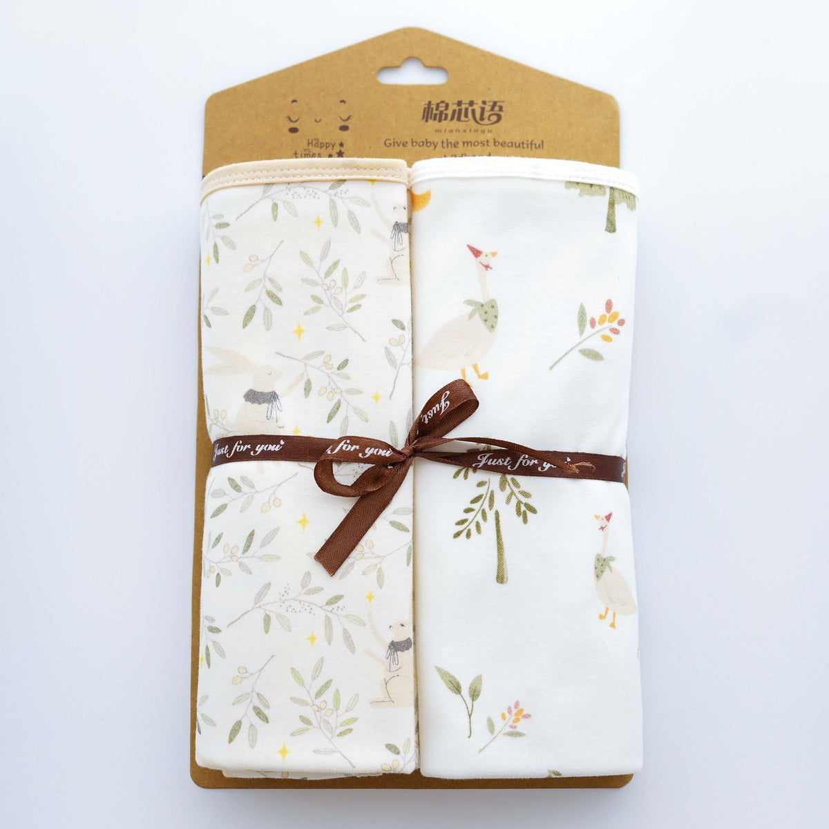 Two square printed baby wrap blankets with bound edges – Forest Bunny + Goose Meadow
