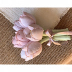 Pink handmade fabric tulip bouquet with seven patterned stems and pink ribbon – view 3 of 6