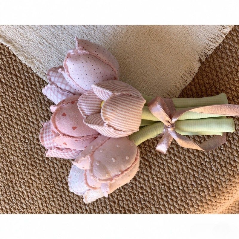 Pink handmade fabric tulip bouquet with seven patterned stems and pink ribbon – view 3 of 6