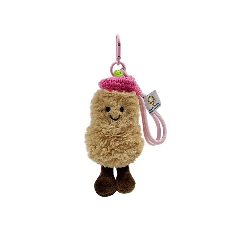Plush Peanut Bag Charm, Smiling Peanut Keyring in a Knitted Beret, 20 cm, Three Beret Colours, close-up detail