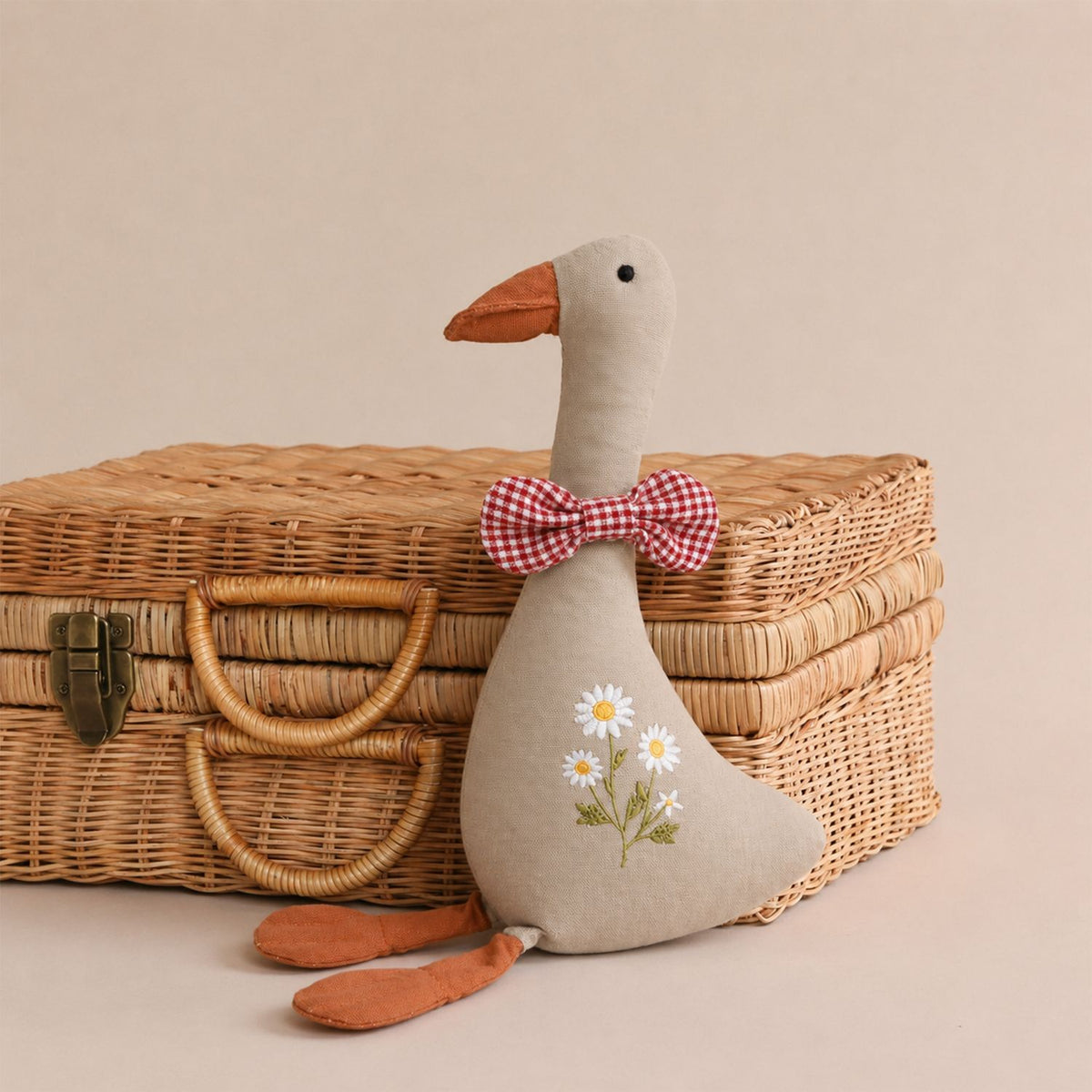 Polyester Goose Soft Toy, Embroidered Daisies and Gingham Bow, 32cm, 0 to 3 Years, close-up detail