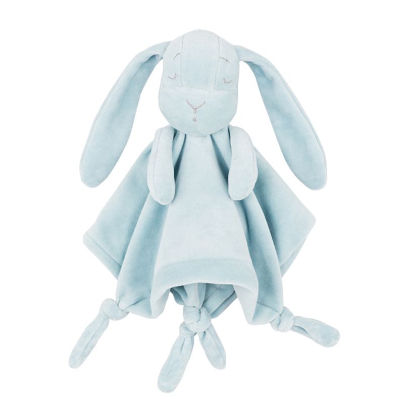 Long-eared plush bunny baby comforter with knotted corners – Sky Blue