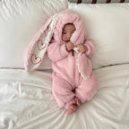 Fluffy hooded bunny baby romper with long heart-patterned ears and front zip – view 3 of 9