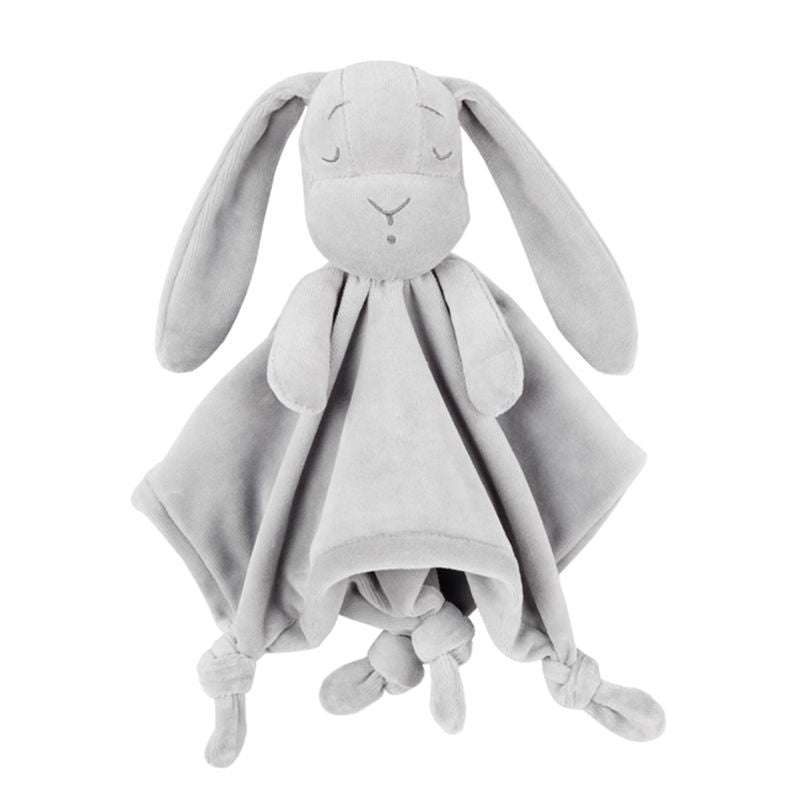 Long-eared plush bunny baby comforter with knotted corners – Grey