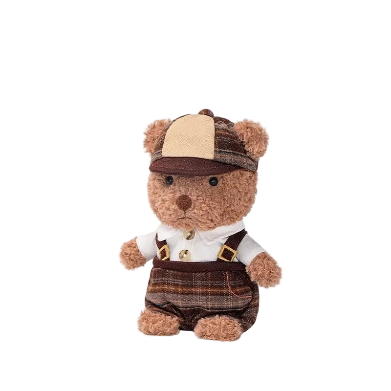 Teddy Bear Plush Toy in Vintage Outfit – Soft Stuffed Bear Doll with Cap & Suspenders | 18 cm