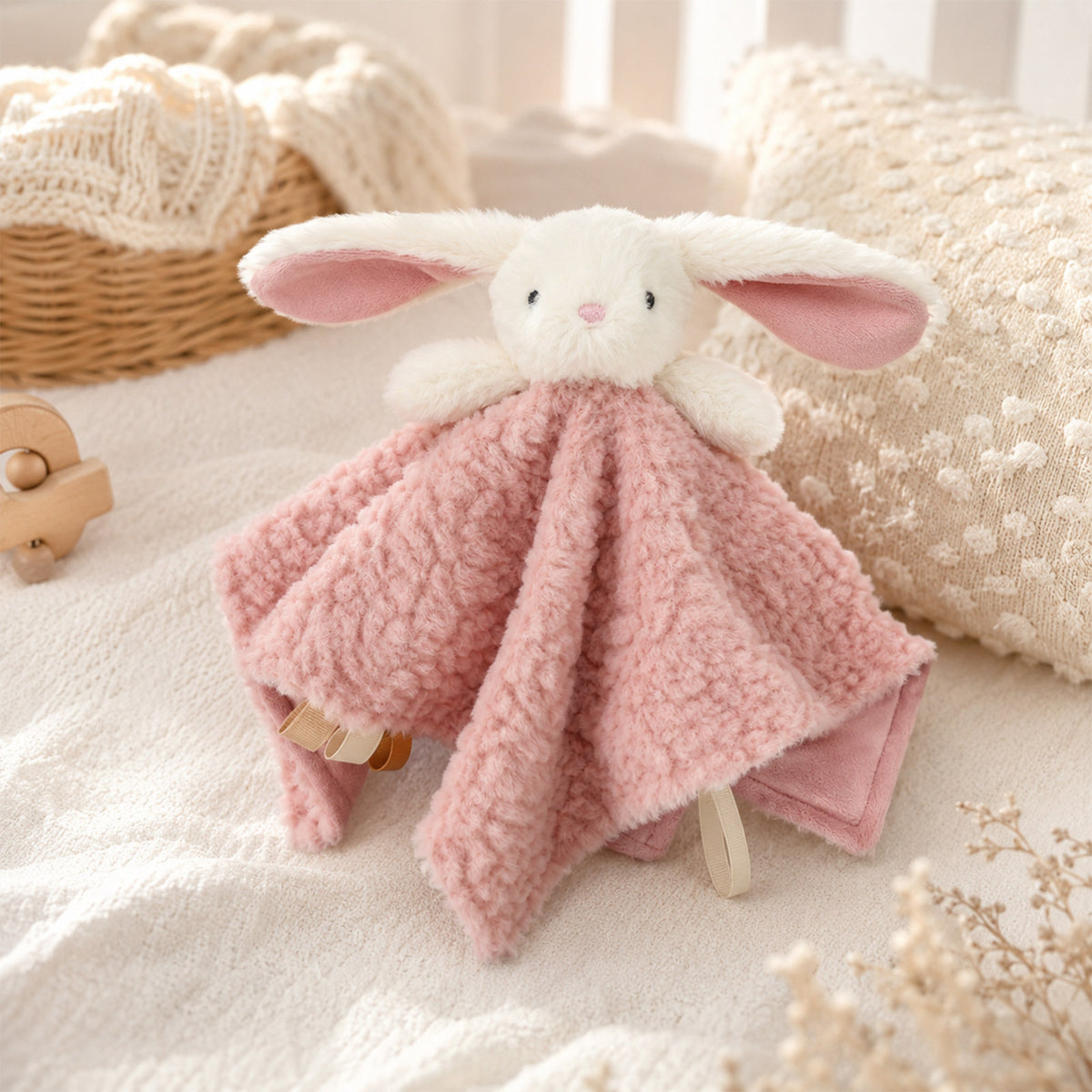 Bunny and Bear Baby Comforter, Soft Plush, styled in a nursery setting