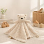 Bunny and Bear Baby Comforter, Soft Plush, shown on a bed