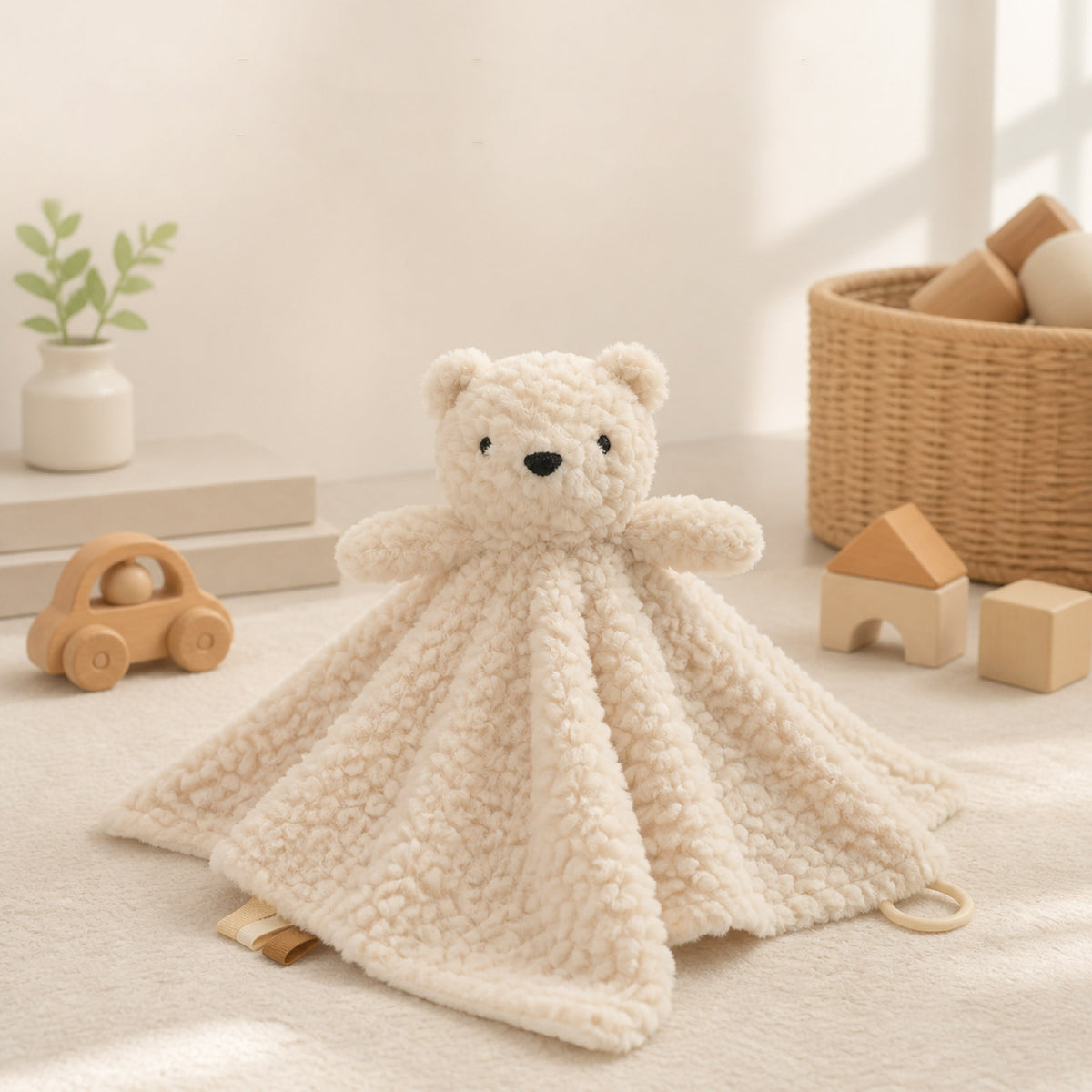 Bunny and Bear Baby Comforter, Soft Plush, shown on a bed
