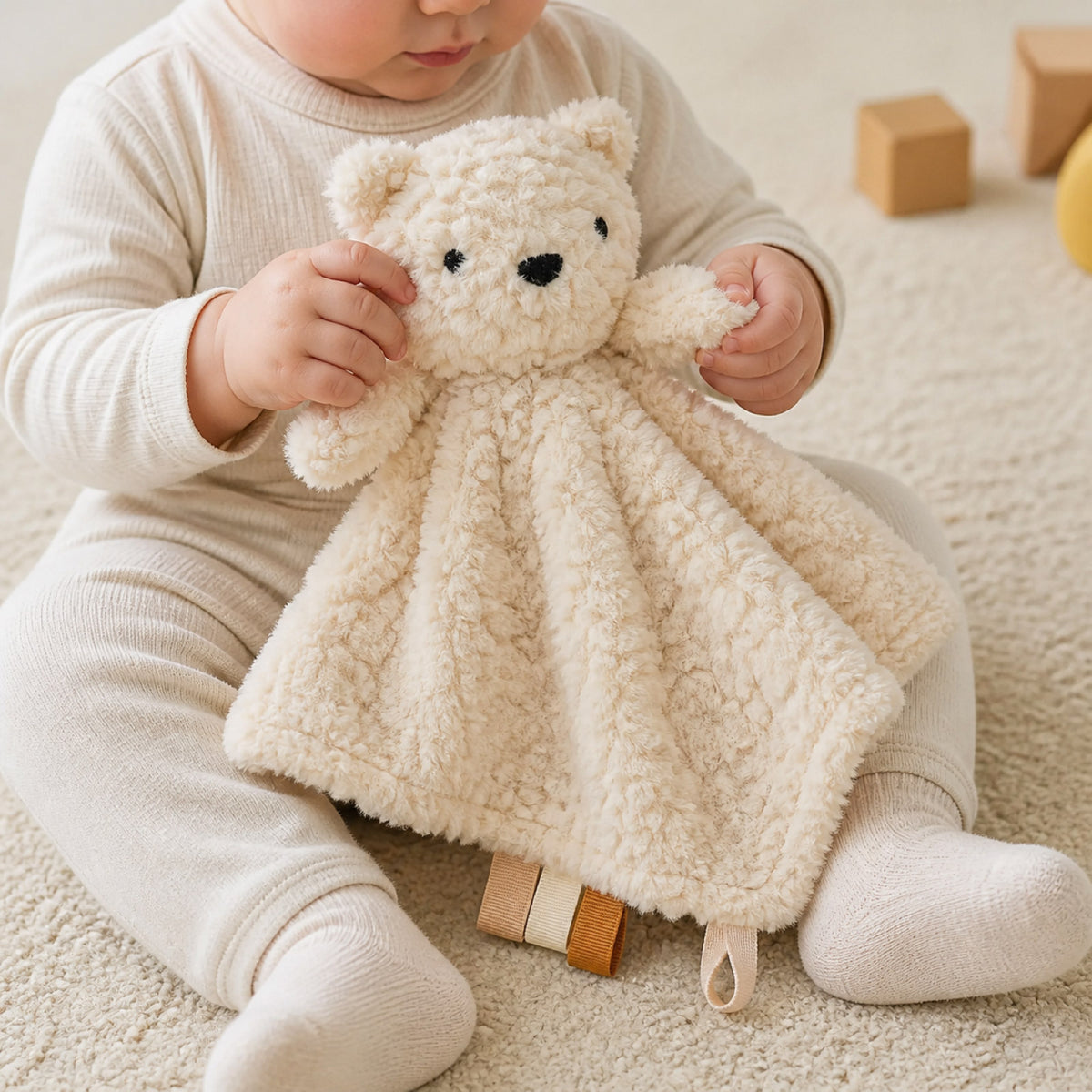 Bunny and Bear Baby Comforter, Soft Plush, detail of the stitching