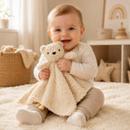 Bunny and Bear Baby Comforter, Soft Plush, styled with props