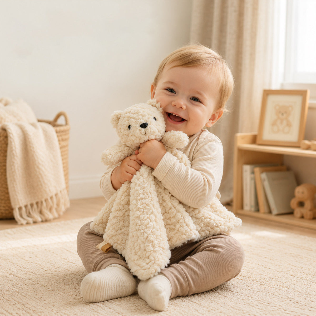 Bunny and Bear Baby Comforter, Soft Plush, angled view
