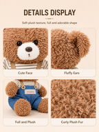 Teddy Bear Plush Toy – Brown Curly Bear in Striped Shirt and Overalls