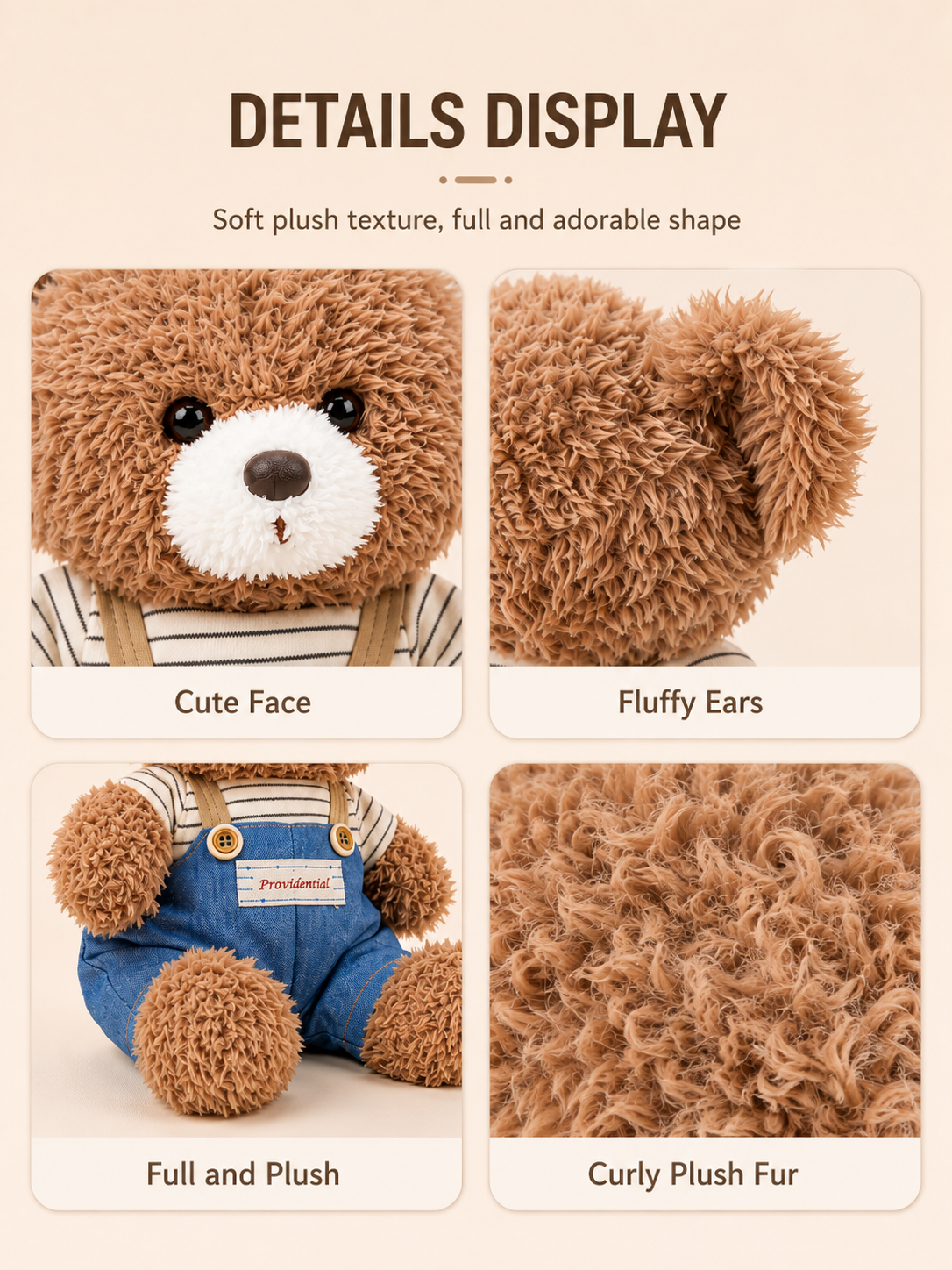 Teddy Bear Plush Toy – Brown Curly Bear in Striped Shirt and Overalls