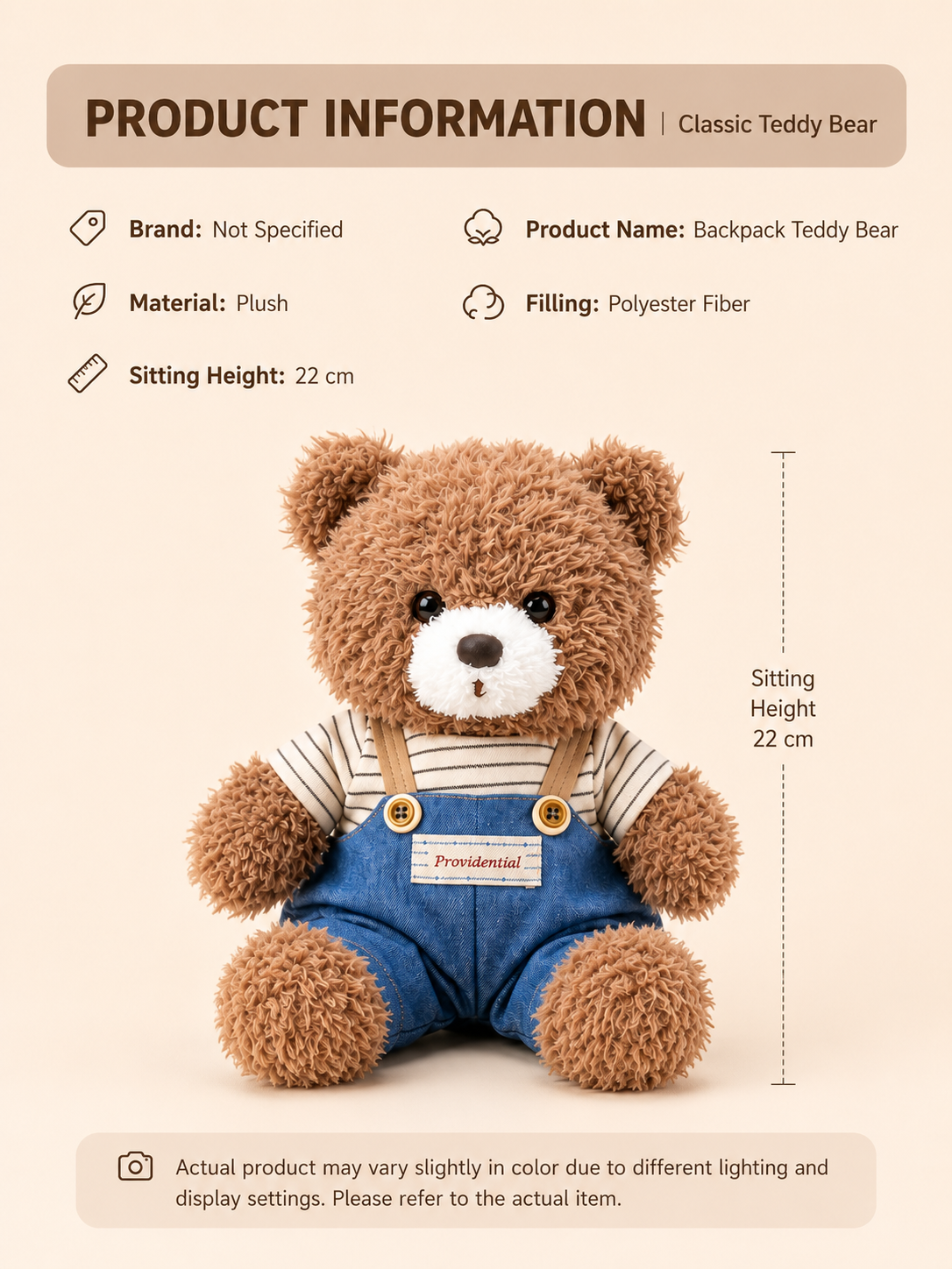 Teddy Bear Plush Toy – Brown Curly Bear in Striped Shirt and Overalls