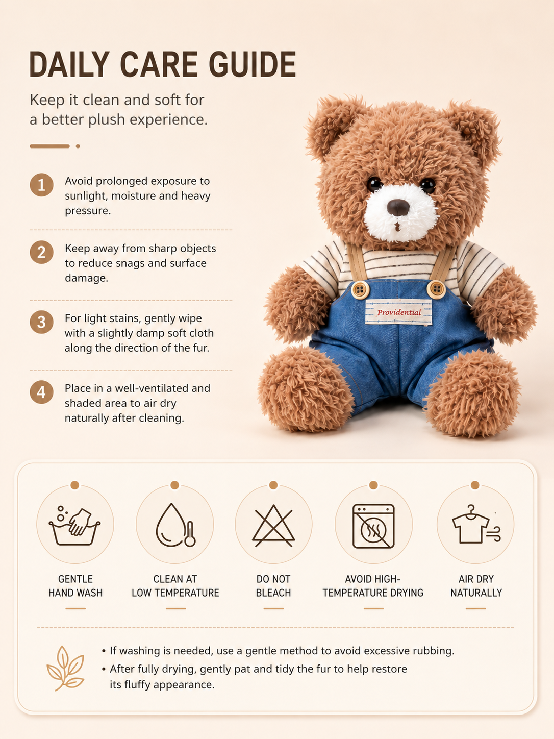 Teddy Bear Plush Toy – Brown Curly Bear in Striped Shirt and Overalls