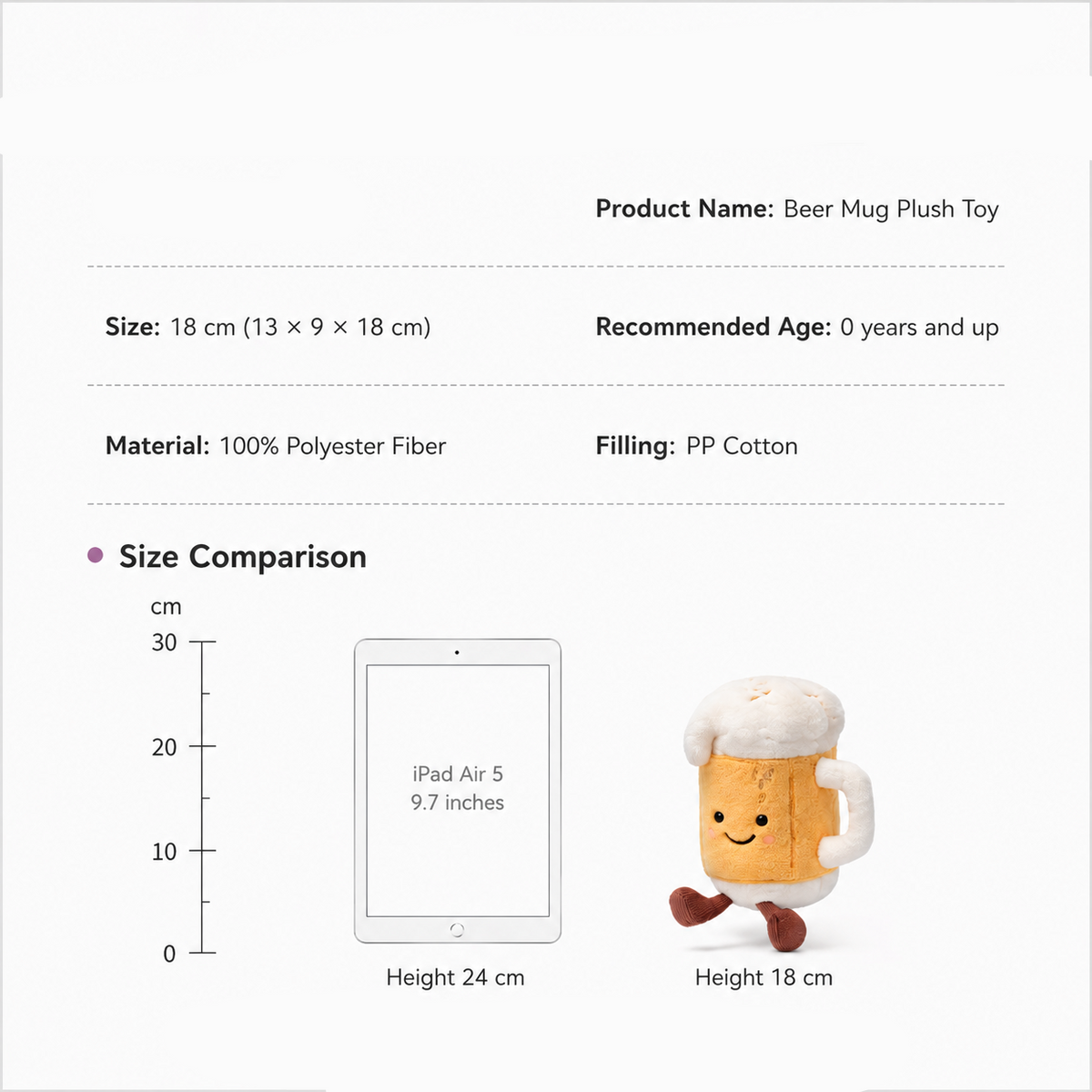 Beer Mug Plush Toy – Soft Stuffed Food Doll with Smiling Face | 18 cm