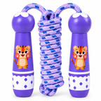 Wooden Skipping Rope – Tiger Design, Purple Handles, Cotton Rope, Adjustable 2.7 m, Ages 3+