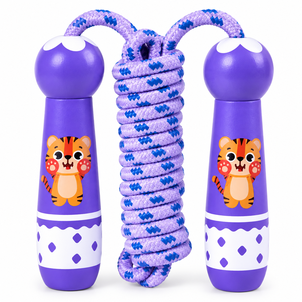 Wooden Skipping Rope – Tiger Design, Purple Handles, Cotton Rope, Adjustable 2.7 m, Ages 3+