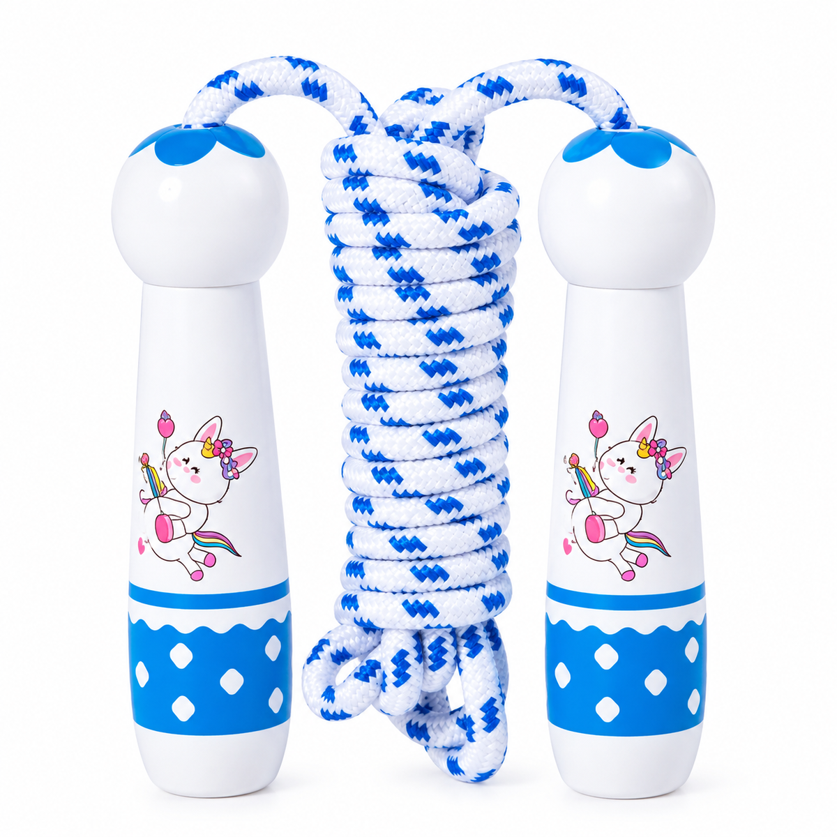 Wooden Skipping Rope, Unicorn Rabbit Design, White Handles, Cotton Rope, Adjustable 2.7 m, Ages 3+, front view