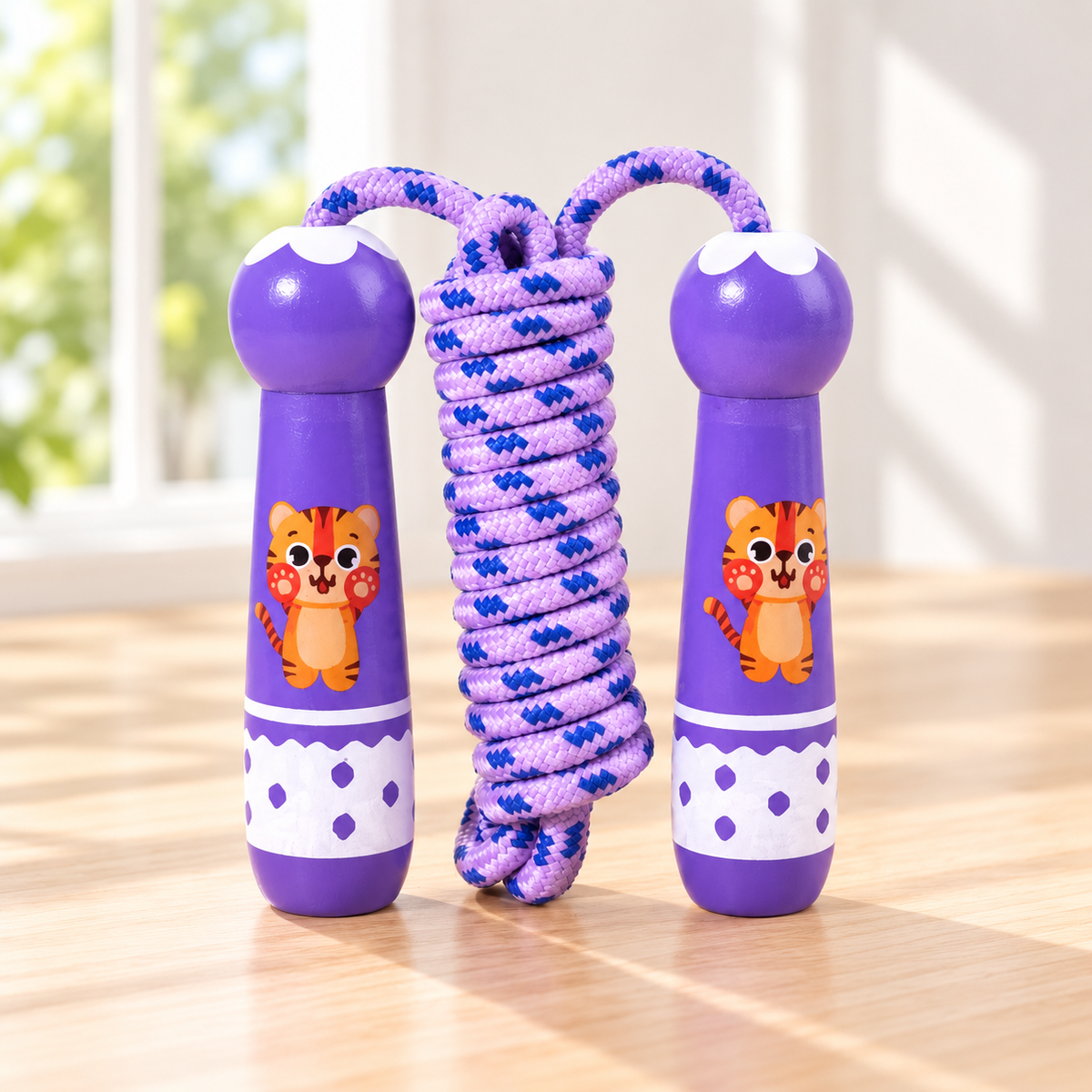 Wooden Skipping Rope – Tiger Design, Purple Handles, Cotton Rope, Adjustable 2.7 m, Ages 3+