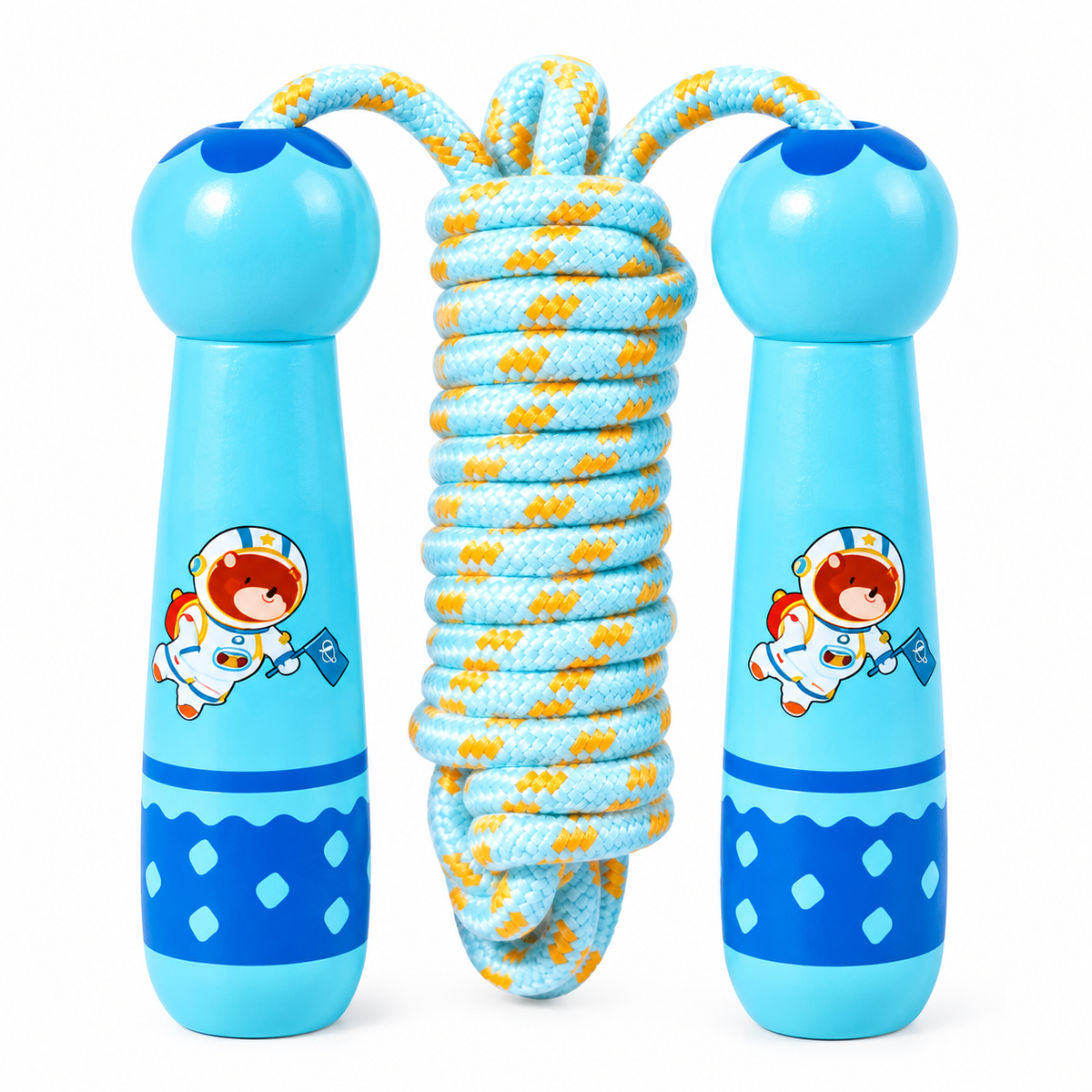 Wooden Skipping Rope – Space Bear Design, Pale Blue Handles, Cotton Rope, Adjustable 2.7 m, Ages 3+