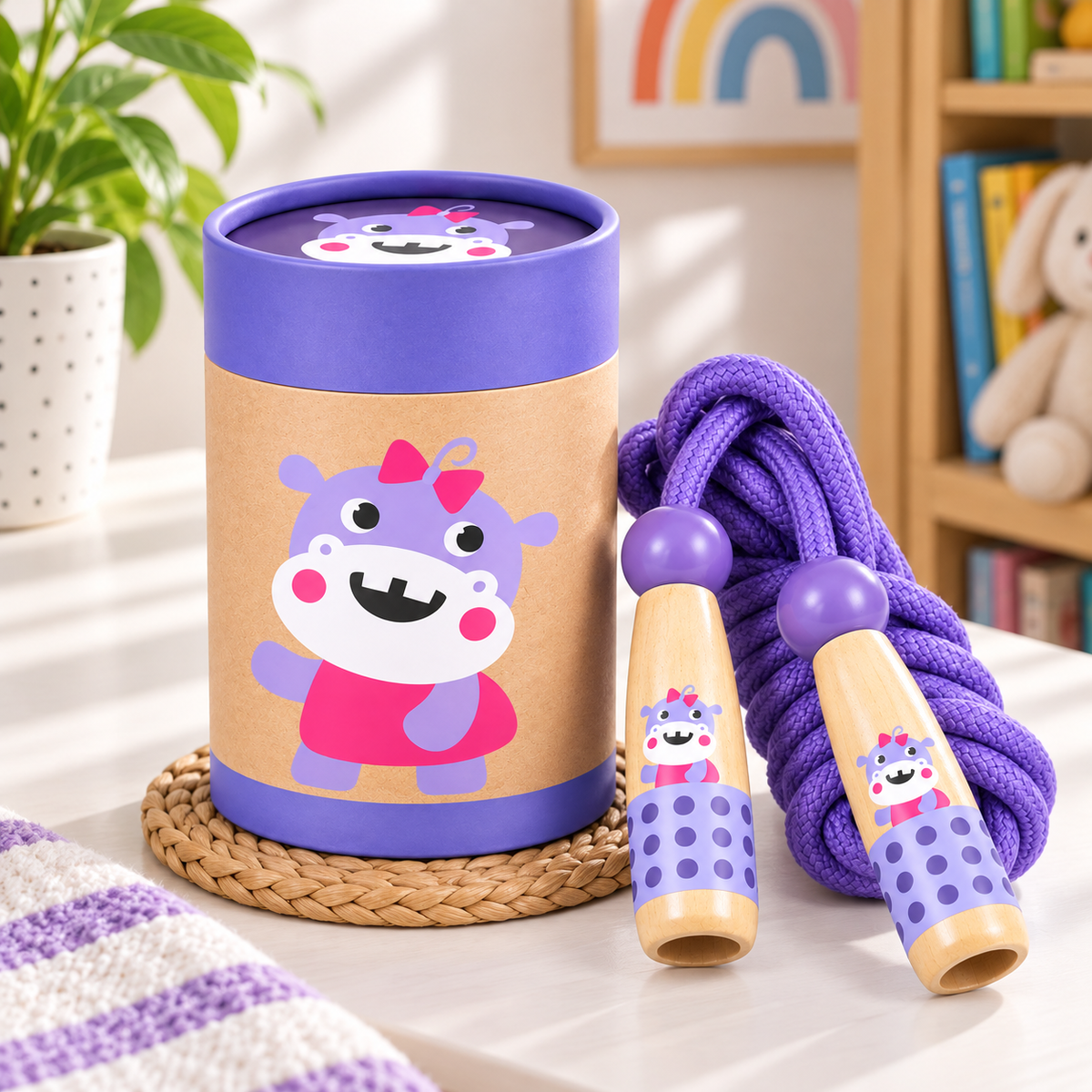 Wooden Skipping Rope – Hippo Design, Beech Handles, Cotton Rope, Adjustable 3–5 m, Ages 3+