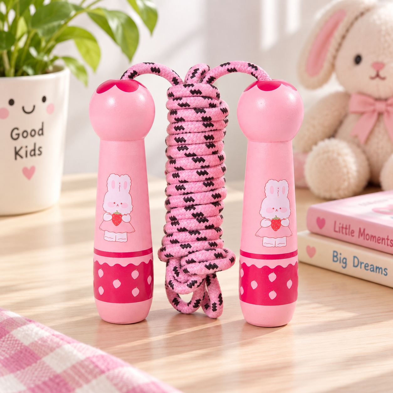 Wooden Skipping Rope – Strawberry Rabbit Design, Pink Handles, Cotton Rope, Adjustable 2.7 m, Ages 3+