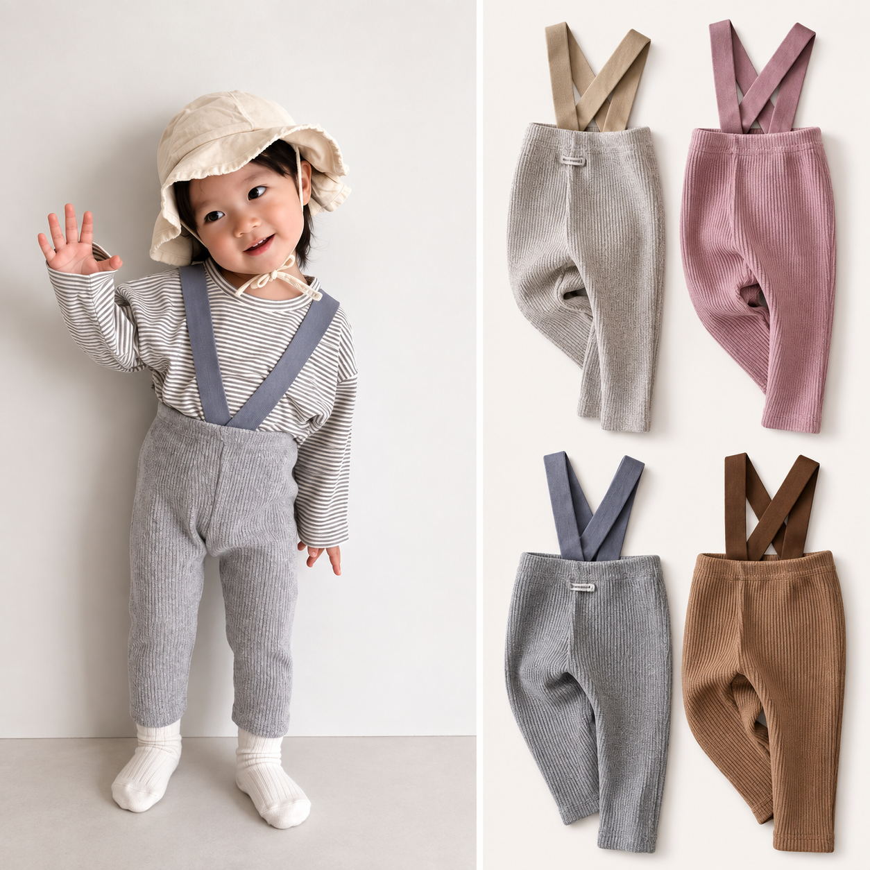 Ribbed Cotton Dungarees for Babies - Wide Leg Overalls with Adjustable Straps, 3 Months to 3 Years