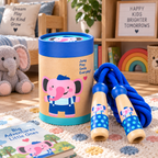 Wooden skipping rope with pink elephant beech handles and blue braided cotton rope – view 5 of 7