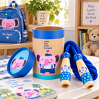 Wooden skipping rope with pink elephant beech handles and blue braided cotton rope – view 6 of 7