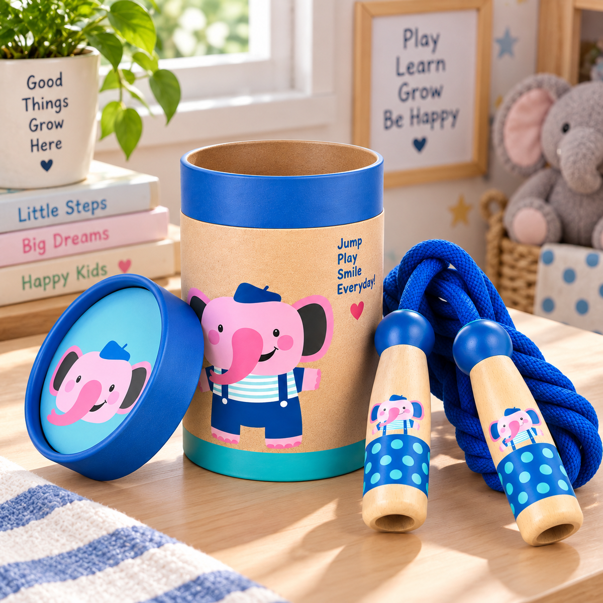 Wooden skipping rope with pink elephant beech handles and blue braided cotton rope – view 7 of 7
