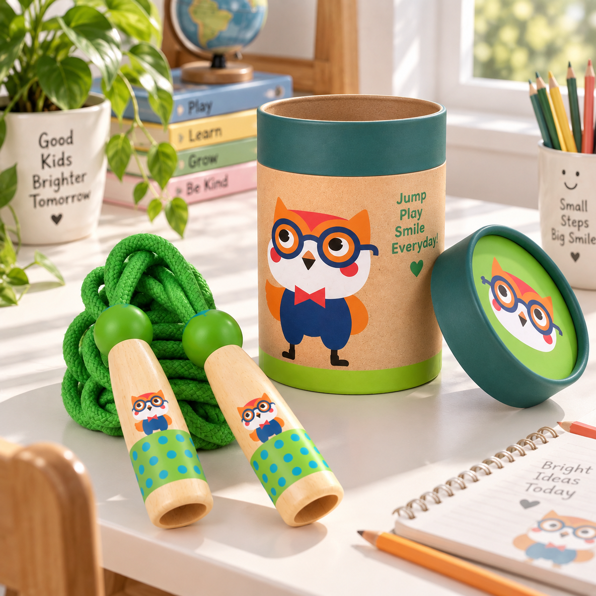 Owl wooden skipping rope with beech handles, green cotton rope and kraft tube – view 6 of 6