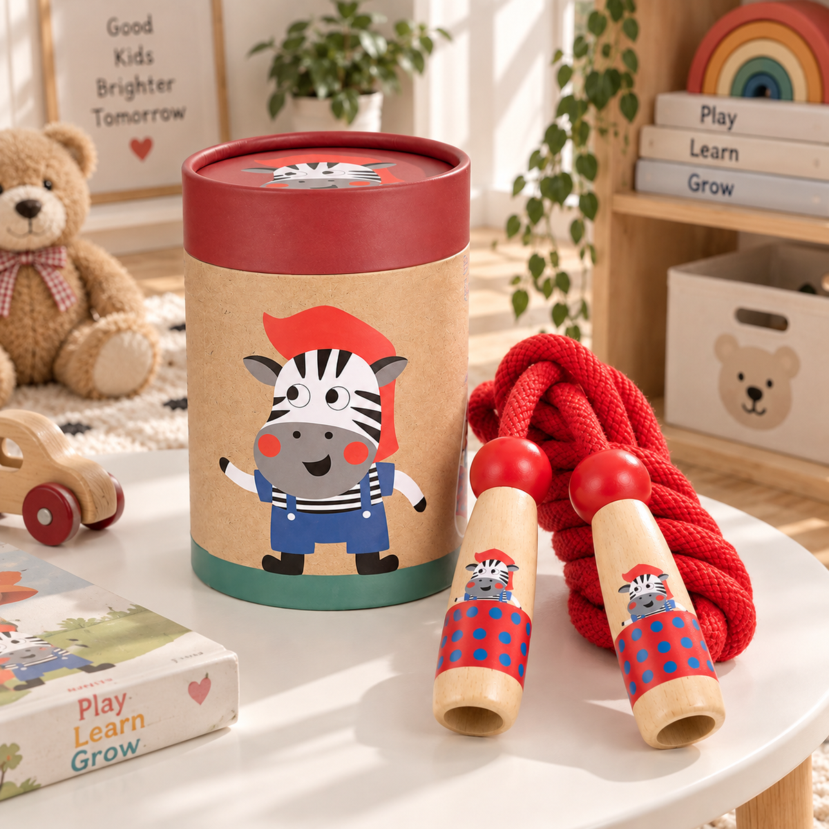Zebra wooden skipping rope with beech handles, red cotton rope and kraft tube – view 6 of 6