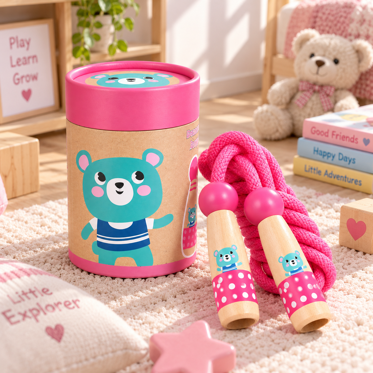Bear wooden skipping rope with beech handles, pink cotton rope and kraft tube – view 7 of 7
