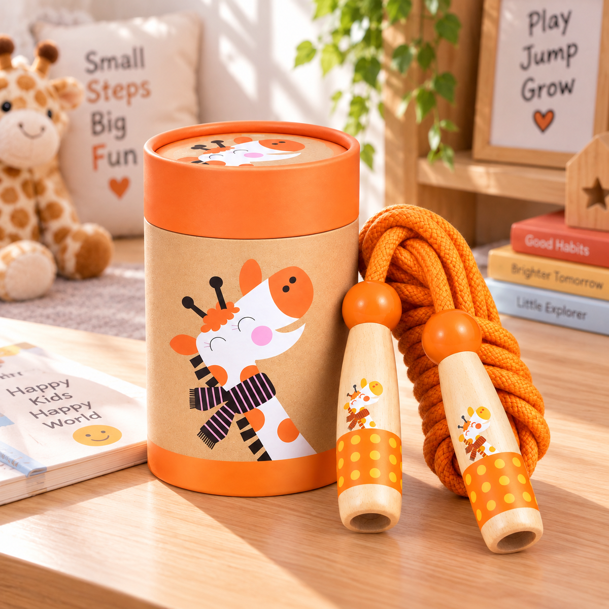 Giraffe wooden skipping rope with beech handles, orange cotton rope and kraft tube – view 6 of 6